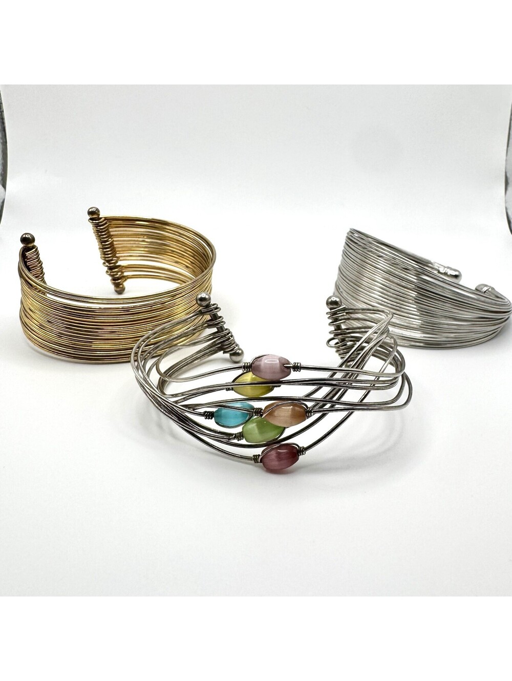 VTG 80s Silver & Gold Tone Multi Wire Cuff Bracelet Lot Colorful Cat's Eye Beads